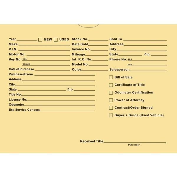 Car Dealer Depot Vhicl Deal Envelopes (Deal Jackets) Printed, 9" X 12", Dsa-546: Buff Pk 511-100-BU - main